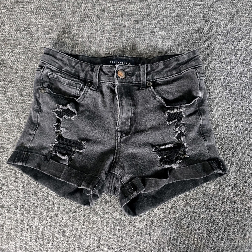 Aeropostale Womens High Rise Midi Distressed Denim Shorts Black Size 6